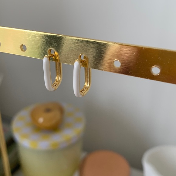 white and gold oval hoops enamel petite dainty hoop earrings - Picture 2 of 9